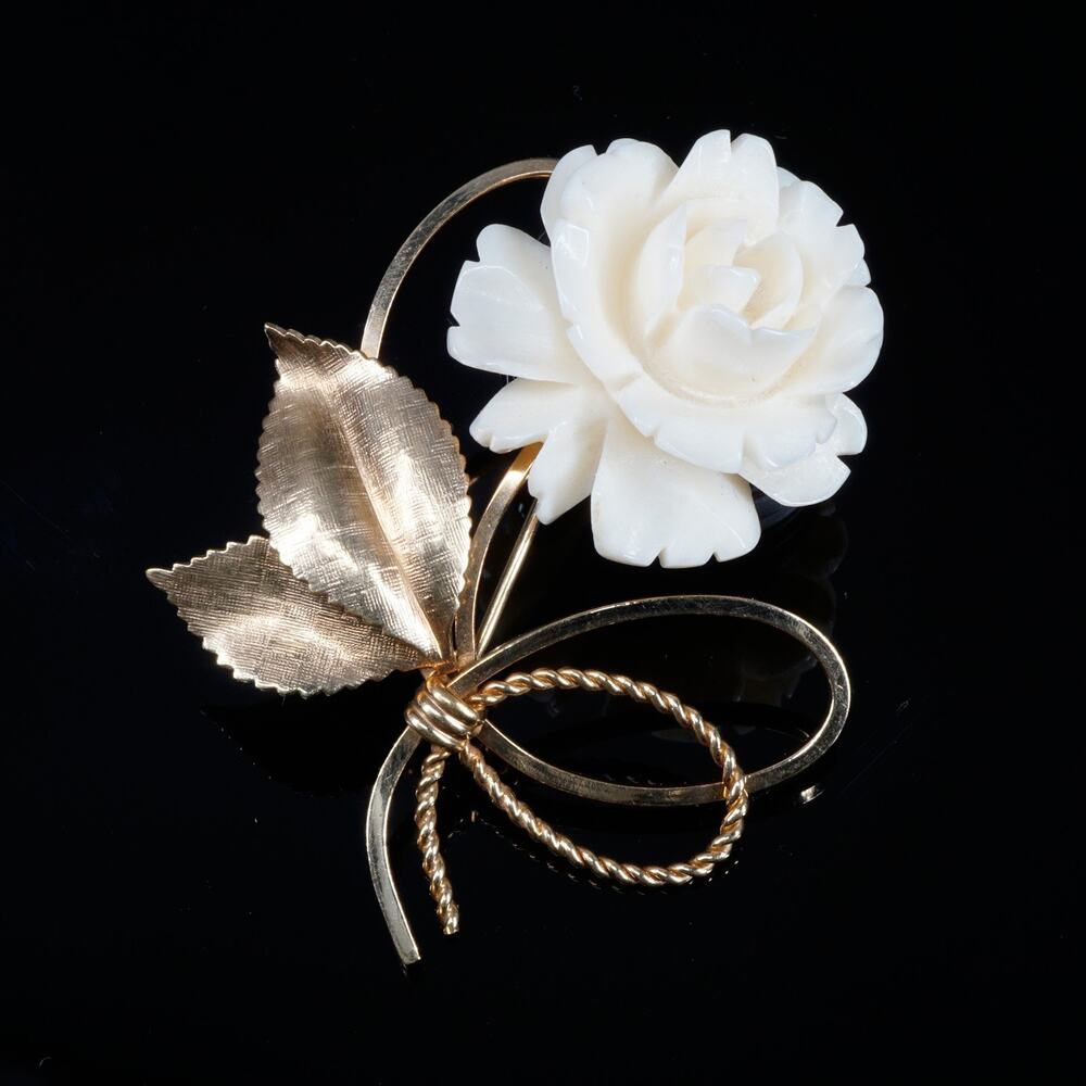 Vintage Alice Caviness Carved Floral Brooch 12K Gold Filled White Celluloid